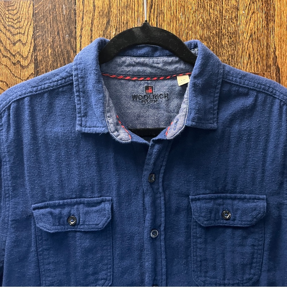 Woolrich Button Down Light Flannel 100% Cotton LRG Blue Herringbone